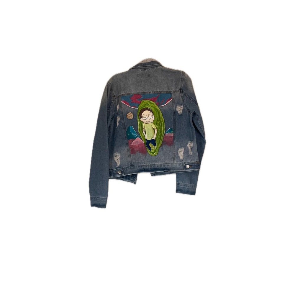 Ci Sono Womens Rick and Morty Custom Hand Painted Distressed Denim Jacket Size M
